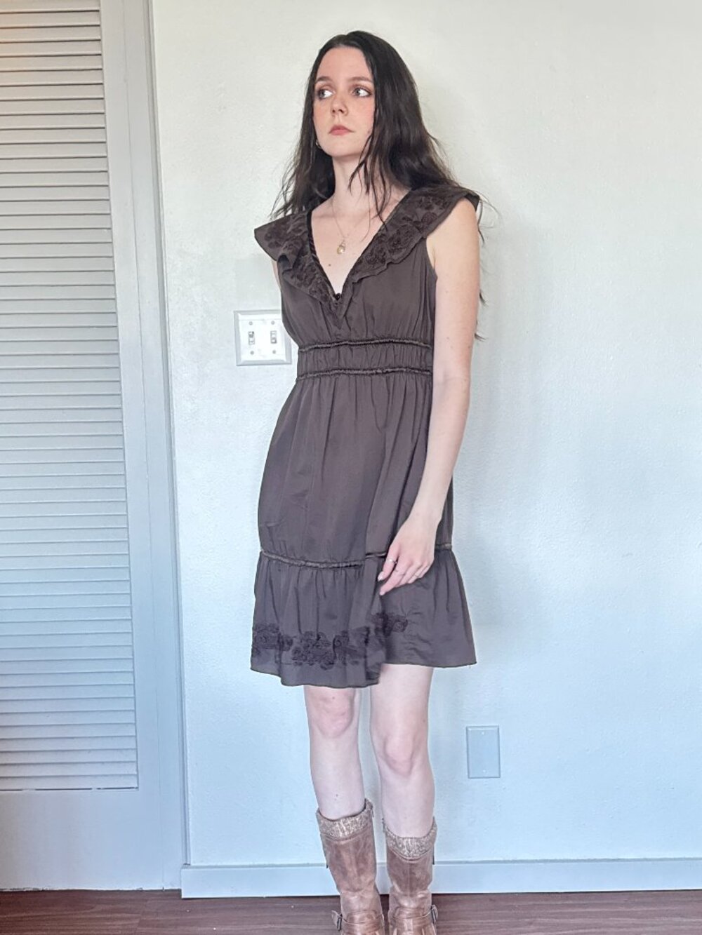 Y2K Peasant Dress (M) medium brown vintage mini boho hippie praire cute western